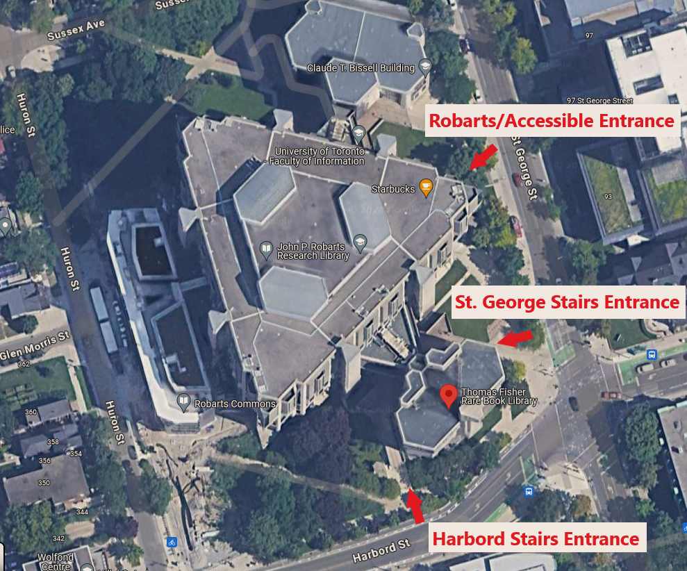 Aerial view showing entrances to Robarts Library and the Thomas Fisher Rare Book Library