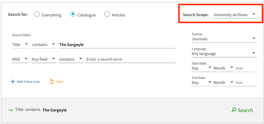 Example of a search in LibrarySearch using the Advanced Search