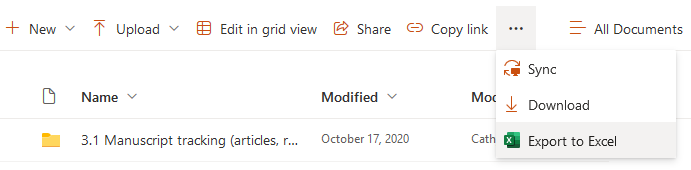 Screenshot from Sharepoint showing how to export a list to Excel